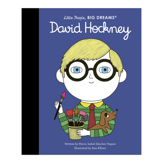 Children's book cover titled "David Hockney" from "Little People, BIG DREAMS" featuring an illustrated boy with blond hair, round black glasses, and a green striped shirt holding paintbrushes and a small dog on a blue background.
