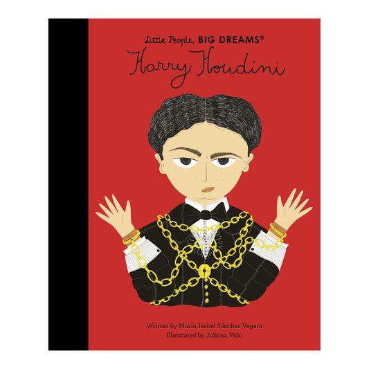 Children's book cover titled 'Little People, BIG DREAMS: Harry Houdini' with a stylized illustration of Harry Houdini on a red background and a black spine band.