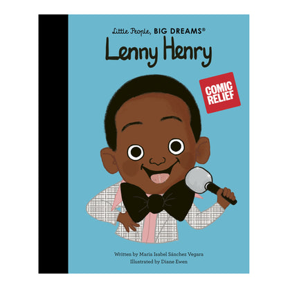 Children's book cover titled "Lenny Henry" from the "Little People, Big Dreams" series, featuring a cartoon illustration of a smiling boy holding a microphone on a light blue background with a black spine band.