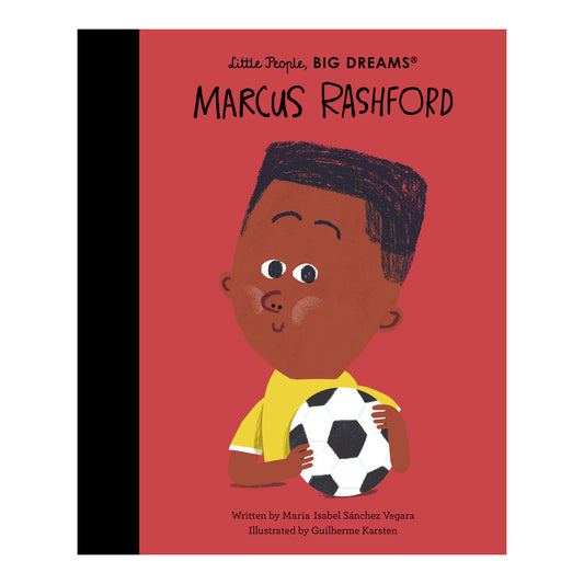 Children's book cover titled 'Marcus Rashford' from the 'Little People, Big Dreams' series, featuring an illustration of a young boy holding a soccer ball against a red background.