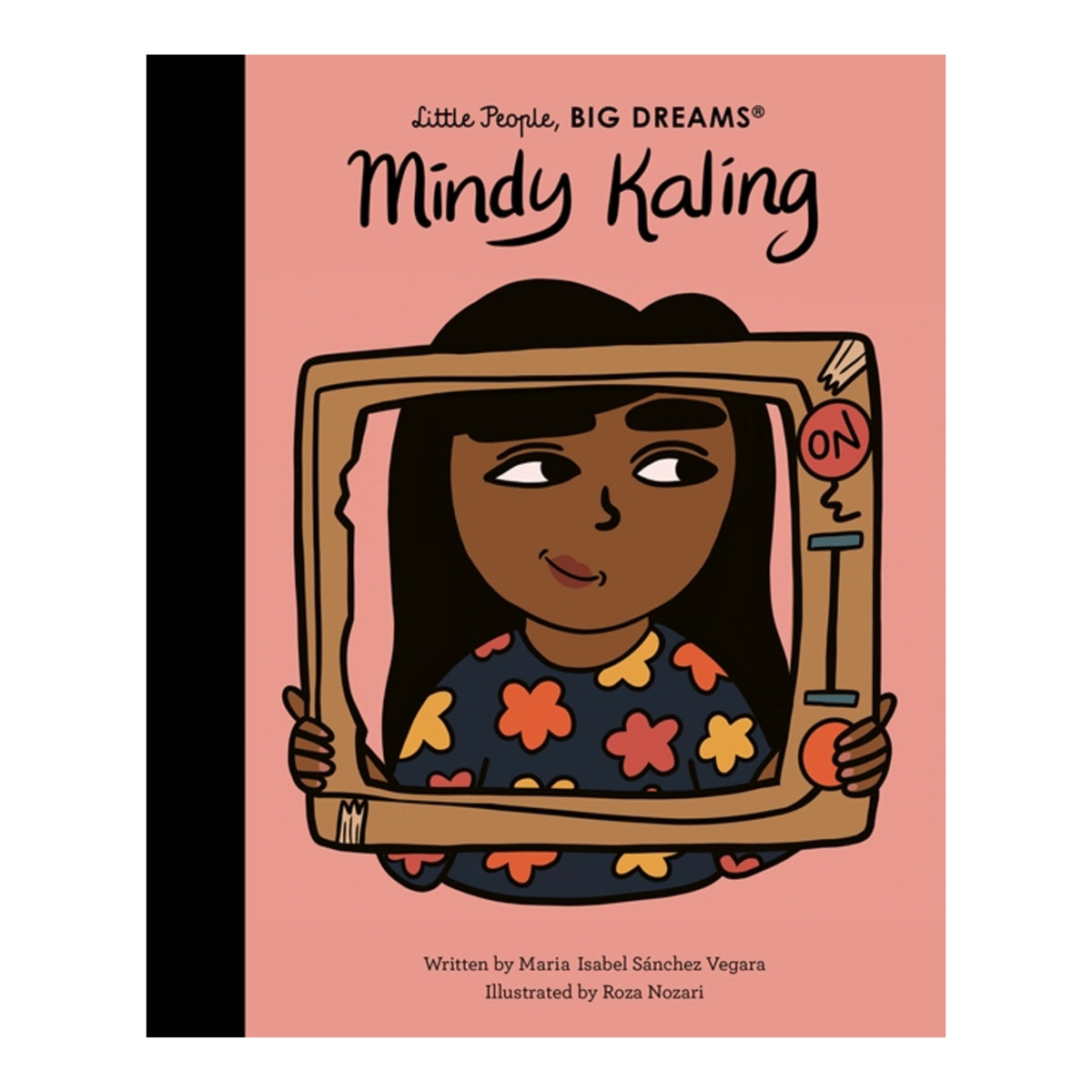 Book cover for 'Mindy Kaling' from the 'Little People, BIG DREAMS' series, featuring an illustration of Mindy Kaling holding a television set against a dusty pink background.