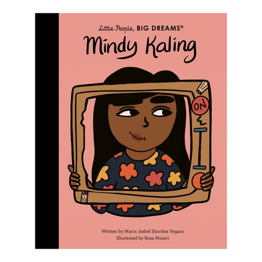 Book cover for 'Mindy Kaling' from the 'Little People, BIG DREAMS' series, featuring an illustration of Mindy Kaling holding a television set against a dusty pink background.