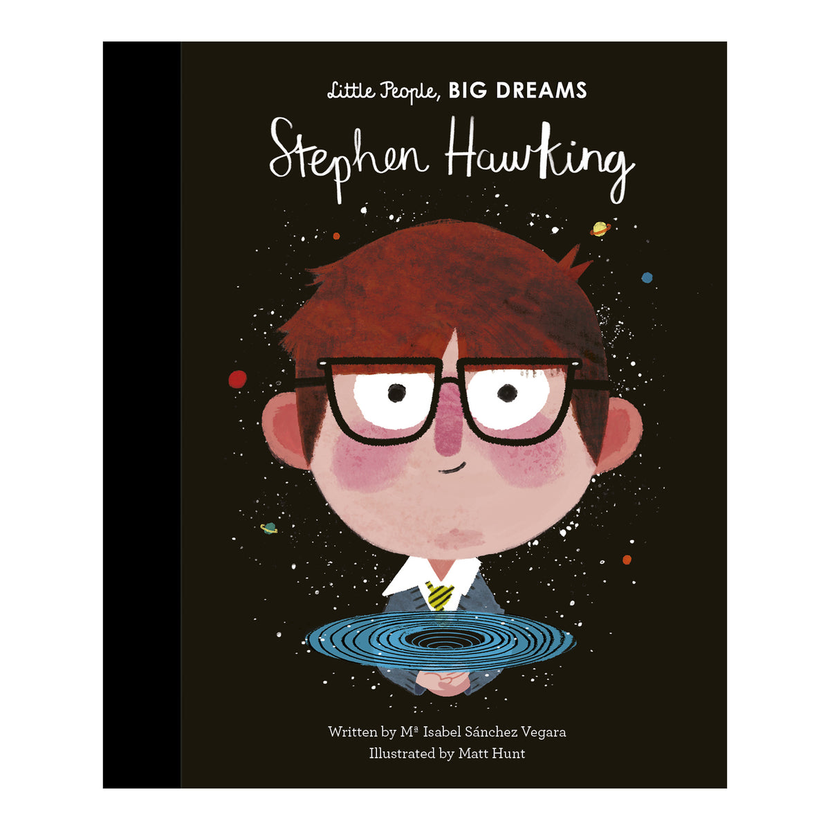 Children's book cover titled "Little People, BIG DREAMS: Stephen Hawking" showing an illustrated cartoon boy with glasses and a blue swirling vortex, on a black background.
