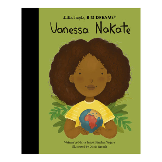 Children's book cover titled 'Vanessa Nakate' from the 'Little People, BIG DREAMS' series, featuring an illustration of a smiling girl with dark curly hair holding a globe on an olive green background.
