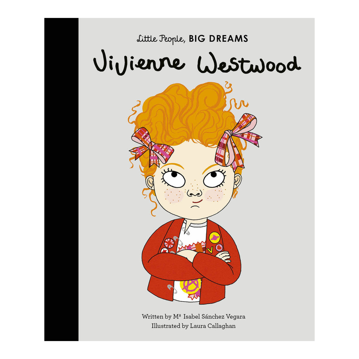 Children's book cover titled 'Juvienne Westwood' from the series 'Little People, Big Dreams'. The cover features a stylized illustration of a girl with curly orange hair, wearing a red cardigan and patterned hair bows, set against a light gray background with a black spine band on the left.